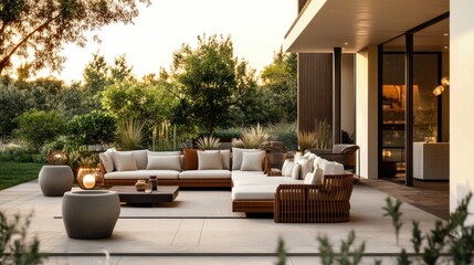 Fototapeta premium Modern Outdoor Living Space with Patio Furniture and Lush Greenery