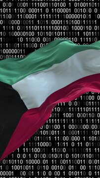 Kuwait flag - 3D realistic waving flag on matrix digital background with binary code