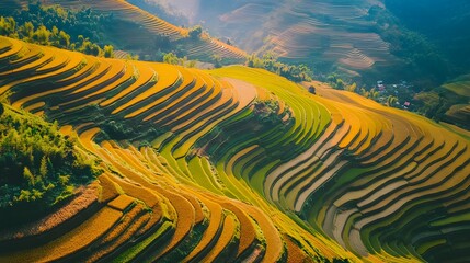 Fototapeta premium Terraced rice field in harvest season in Mu Cang Chai, Vietnam. Mam Xoi popular travel destination. 