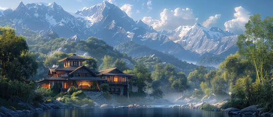 Naklejka premium A tranquil mountain retreat with a cozy lodge by a serene lake under a clear sky surrounded by majestic peaks