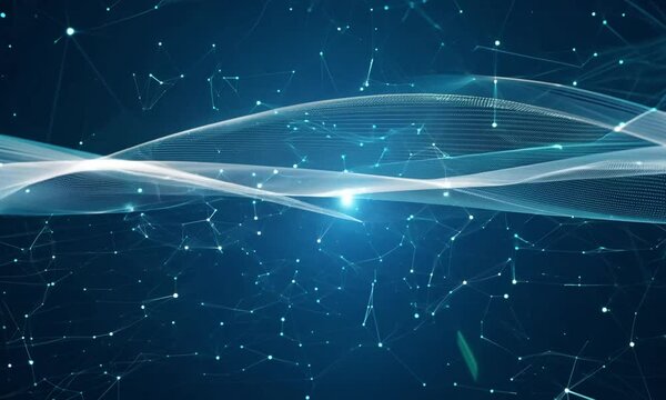 Abstract blue background with white light wave and connected points.