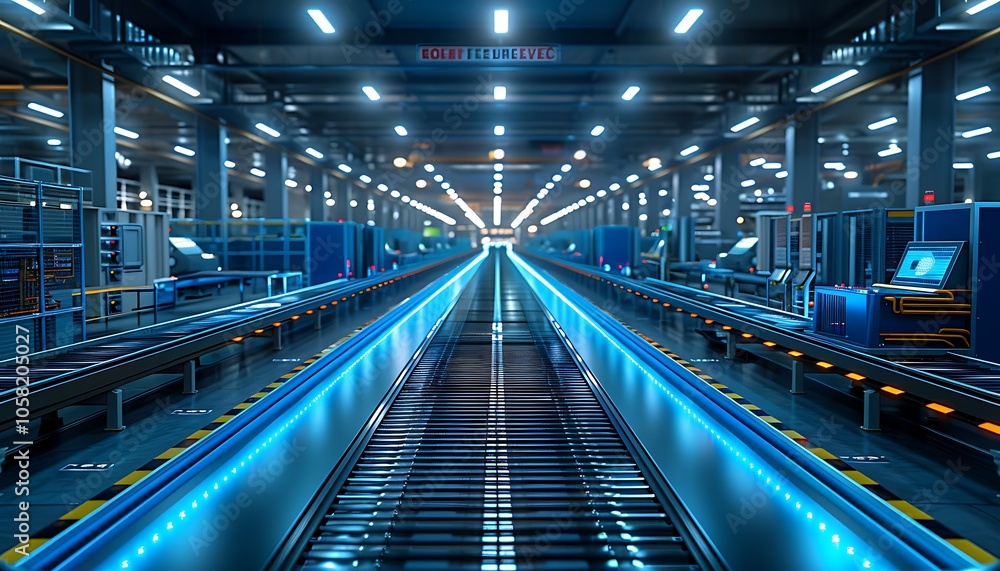 Aufkleber a high-tech industrial facility featuring illuminated conveyor belts and advanced machinery in a spa