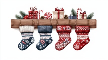 Cozy wooden fireplace with colorful knitted socks filled with candy canes and gifts, Christmas decor illustration, intricate patterns, isolated on white background