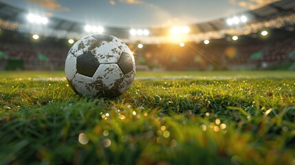 3D Rendered Soccer Ball on Grassy Field in Front of Stadium with Spotlight at Night