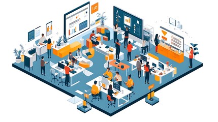 Obraz premium Modern Office Illustration - People Working on Computers and Collaborative Projects