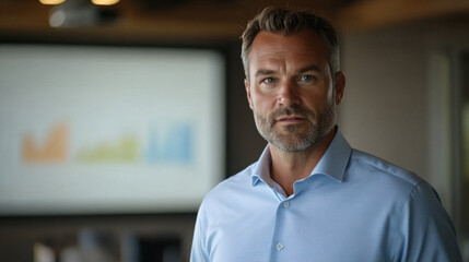 confident male speaker in his mid 30s, dressed in light blue shirt, stands in front of presentation screen displaying graphs. His serious expression conveys professionalism and authority