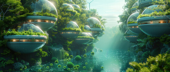Futuristic eco-friendly habitats float above a serene waterway surrounded by lush greenery and vibrant aquatic life