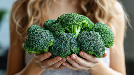 fair haired girl is holding fresh broccoli in her hands, showcasing vibrant green color and healthy appearance of vegetables. This conveys sense of freshness and vitality