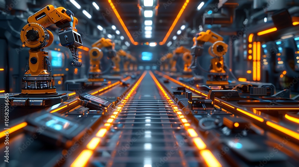 Poster a futuristic factory scene with robotic arms assembling products, surrounded by bright neon lights a