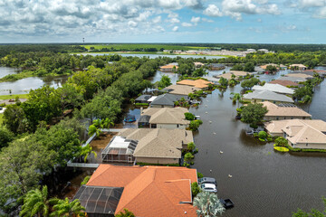 Flooded houses from hurricane Debby rainfall water in Laurel Meadows community in Sarasota,...