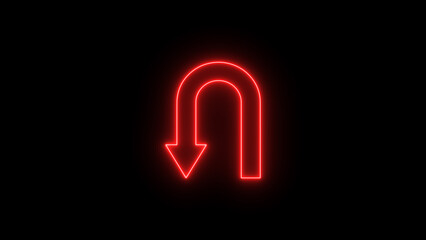 Neon, Glowing U-Turn road sign on black background U-turn direction road arrow U turn arrow symbol icon..