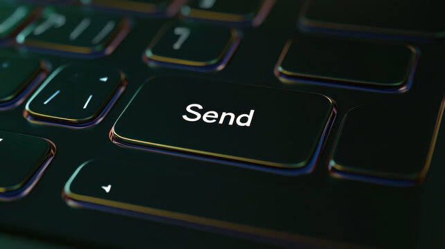 close up view of keyboard button labeled Send, highlighting its sleek design and modern aesthetic. button stands out against dark background, evoking sense of communication and connectivity