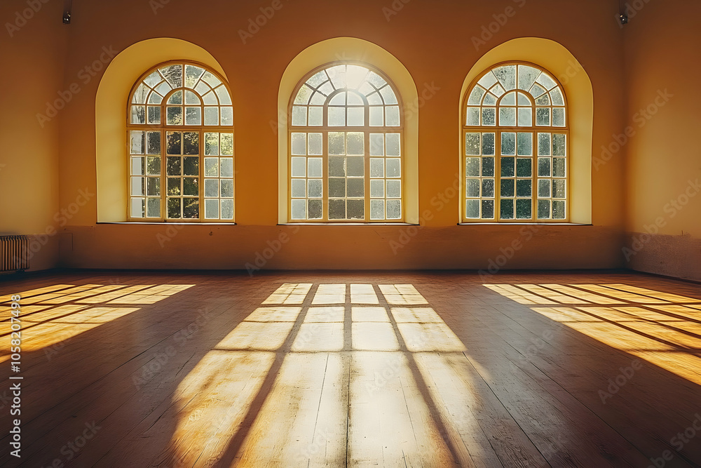 Poster sunlight streams through arched windows in photo of empty room