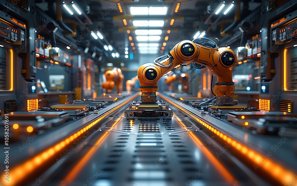 Poster a futuristic industrial scene featuring robotic arms on an assembly line, illuminated by vibrant ora