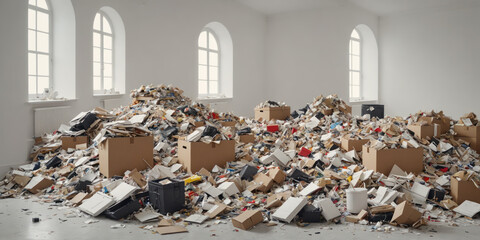 Environmental Crisis: The Impact of Office Waste in a Cluttered Room Filled with Cardboard Boxes and Papers
