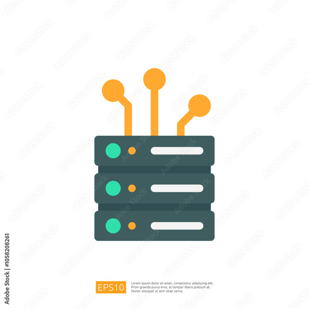 Poster a graphic representation of a server with three stacked units and connection ports, symbolizing data