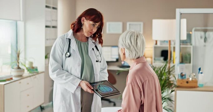 Senior woman, xray and doctor with tablet in office for medical exam, information and results of MRI. Clinic, technology and neurologist by patient for brain scan, feedback and healthcare diagnosis