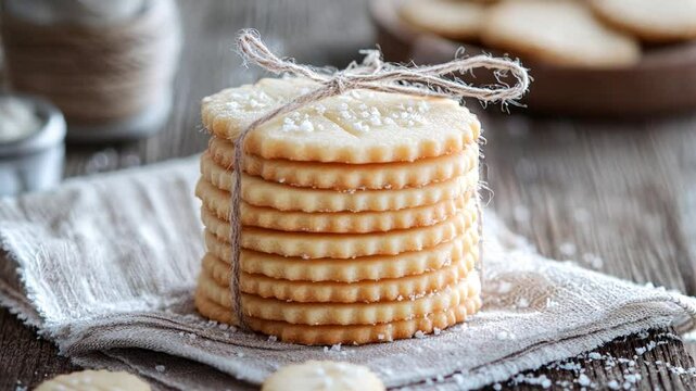 Homemade shortbread cookies stacked on a rustic table with twine decoration and scattered flours