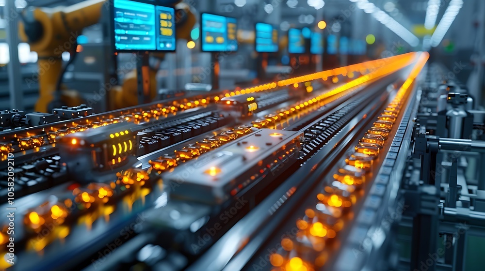 Poster A high-tech manufacturing scene featuring illuminated conveyor belts transporting goods, with robotic arms in a futuristic factory setting.