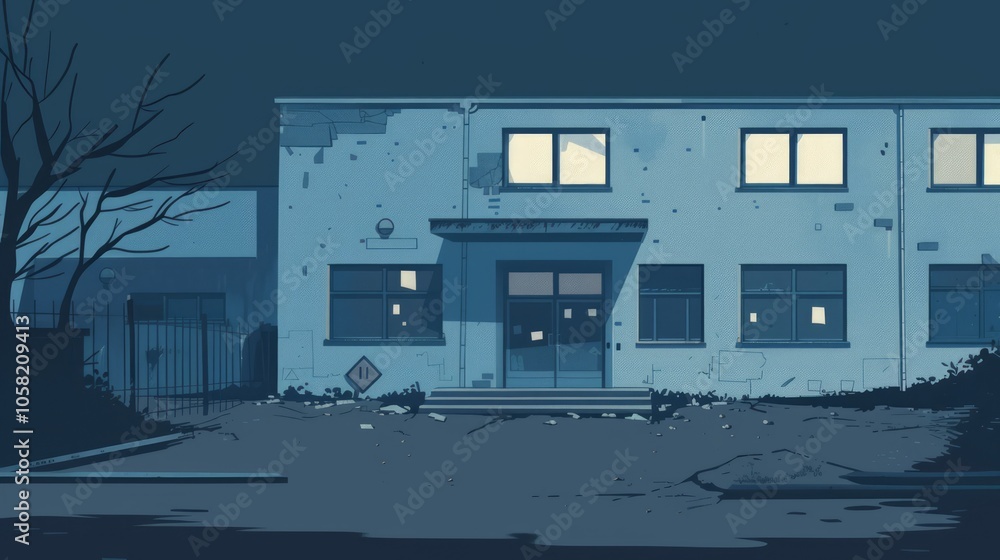 Poster abandoned building in flat design front view