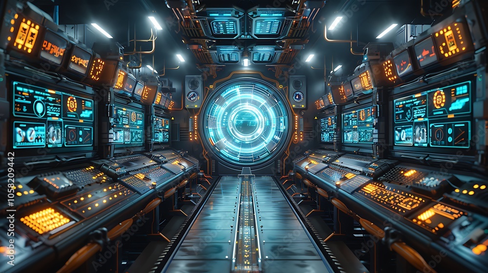 Poster a futuristic control room with glowing screens and a central portal, evoking a high-tech atmosphere 