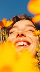 Fototapeta premium A natural candid shot of a beautiful woman laughing in a field of flowers with soft sunlight filtering through her hair, capturing a sense of freedom, joy, and warmth.