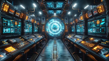 A futuristic control room with glowing screens and a central portal, evoking a high-tech atmosphere filled with advanced technology.
