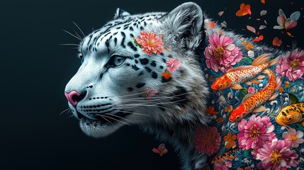Vibrant Snow Leopard with Floral and Koi Fish Elements in a Stunning Artistic Composition