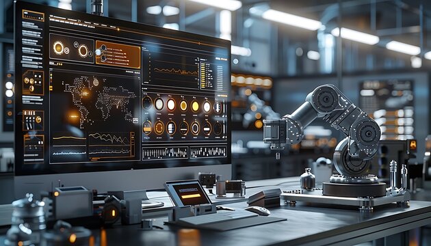 A high-tech workspace featuring a robotic arm and a large monitor displaying complex data and controls, set in a modern, illuminated environment.