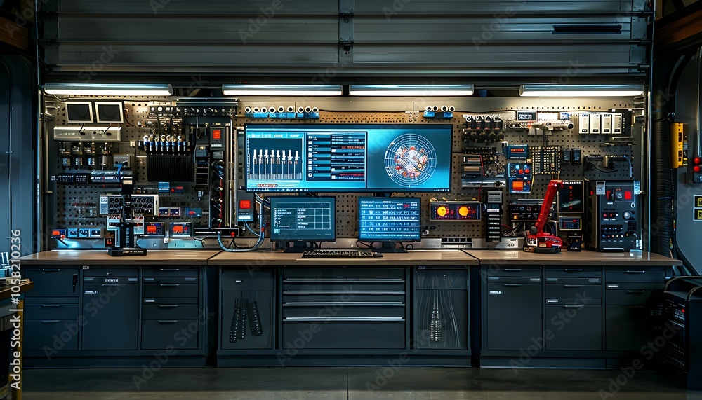 Poster a modern tech workspace featuring multiple monitors, tools, and equipment organized on a sleek workb
