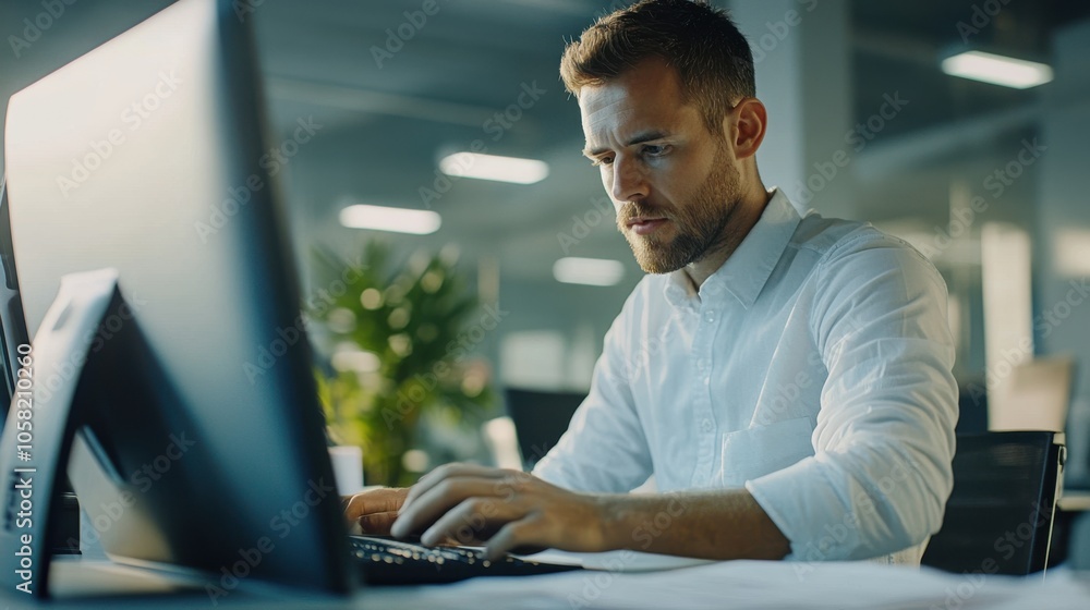 Poster accountant inputting and calculating e-bill details,