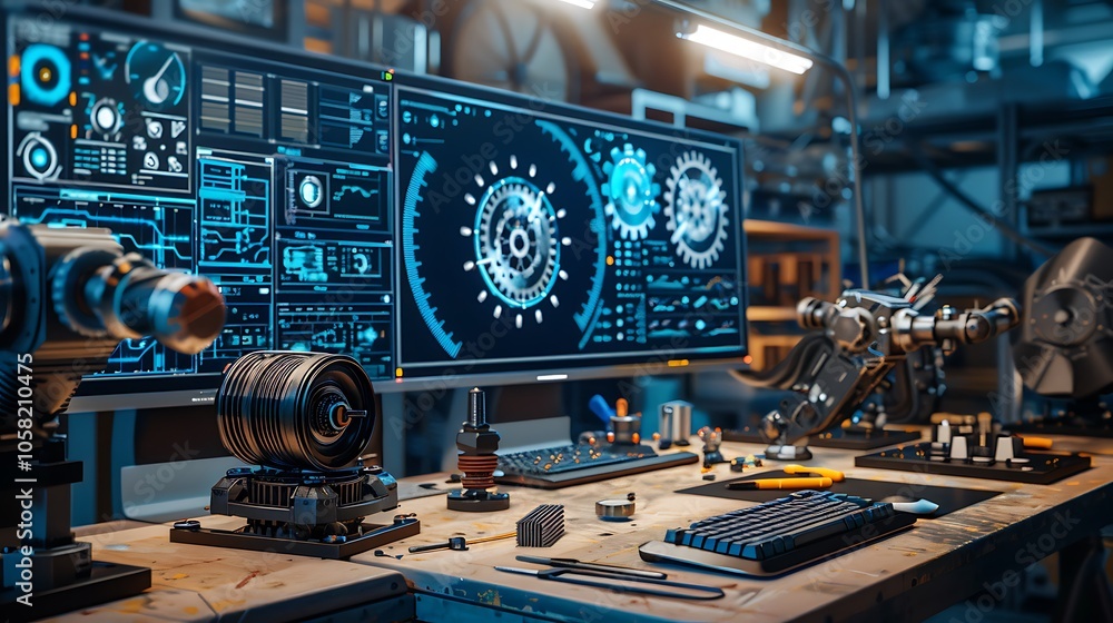 Poster A high-tech workspace featuring advanced monitors displaying complex data, robotic components, and a dynamic atmosphere of innovation and engineering.