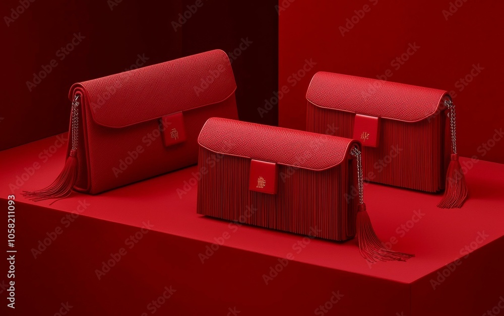 Poster two red bags placed on red surface with subtle shadows, creating monochromatic and minimalist aesthe