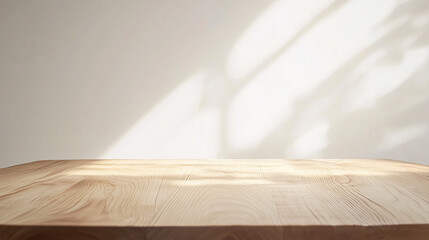 empty room with light wall and window and wooden table top on wall background, Products presentation concept