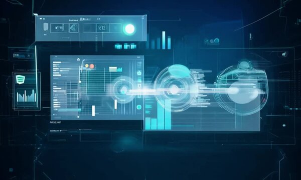 Abstract blue glowing lines on a dark blue background with futuristic interface elements.