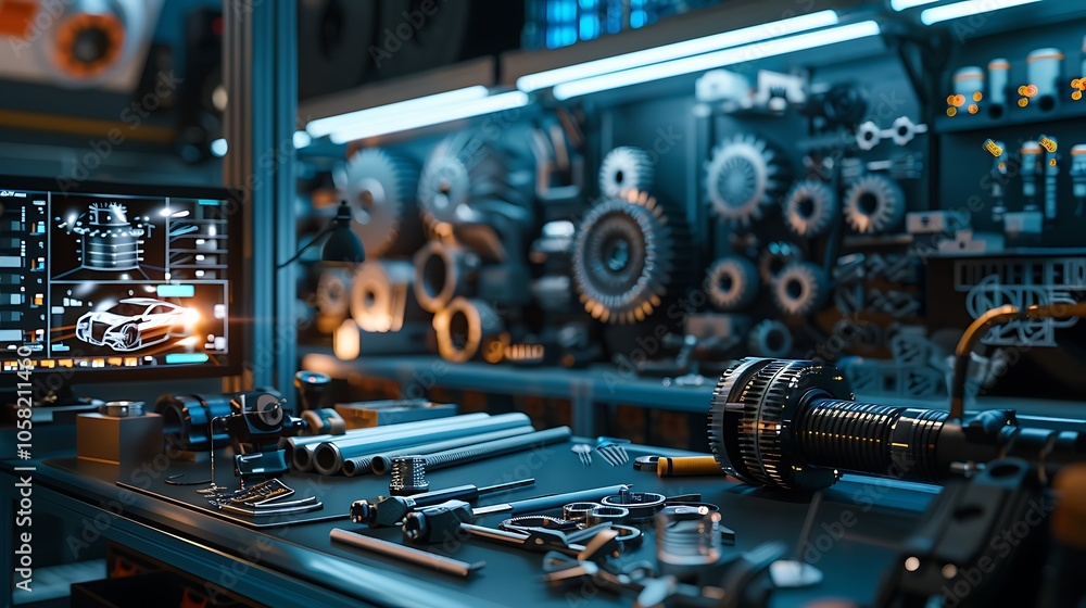 Aufkleber A well-equipped workbench with tools, mechanical parts, and a digital display in a workshop setting, highlighting engineering and design.