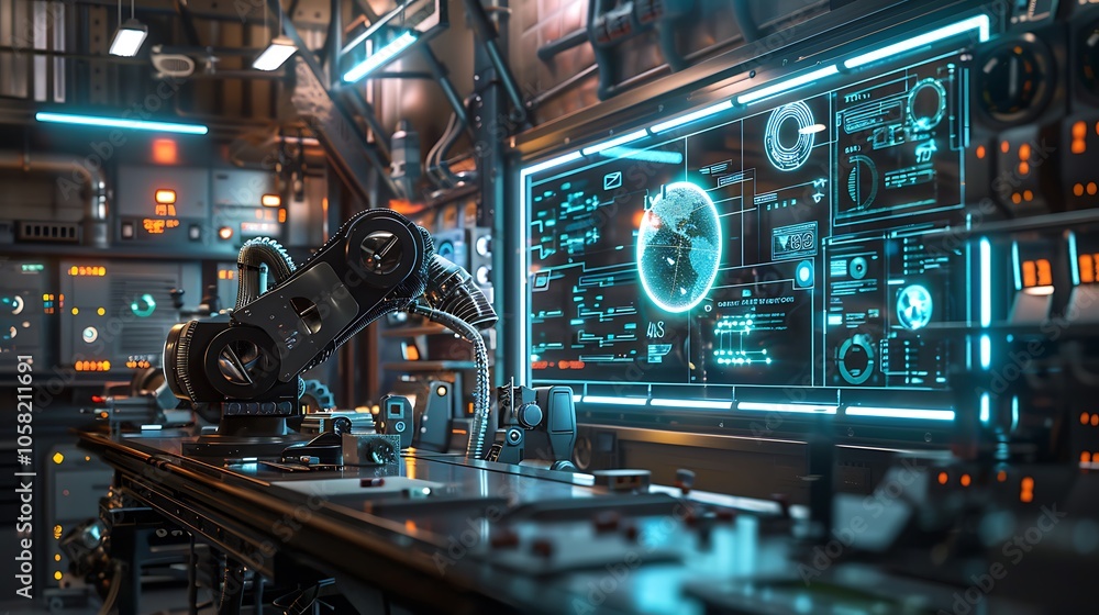 Aufkleber a futuristic workshop with glowing technology, screens displaying data, and a robotic arm, emphasizi