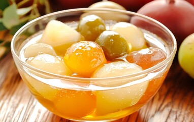 Glass of assorted fruit juice and bowl filled with fresh mixed fruits, colorful and healthy presentation.