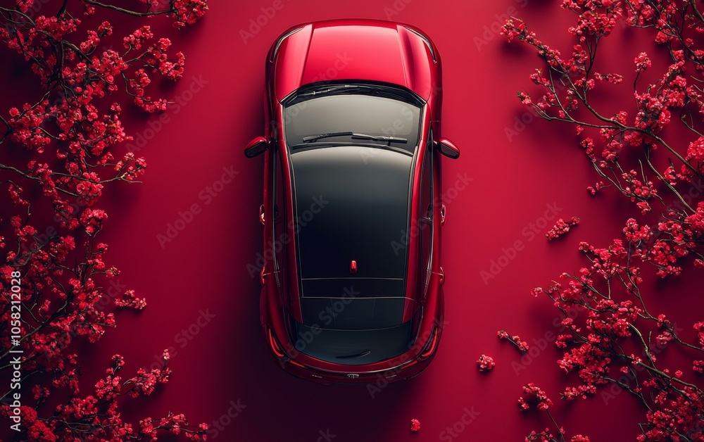 Poster red car parked in front of bold red background, creating striking monochromatic visual contrast.