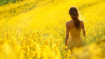 Fototapeta premium Woman Walking Through a Golden Field of Flowers