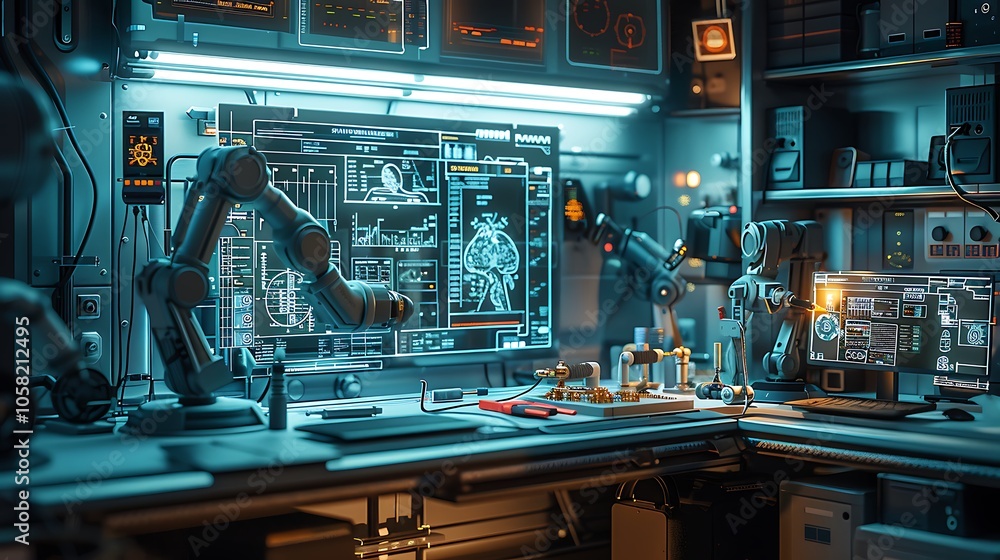 Poster a futuristic laboratory scene featuring robotic arms, advanced technology, and glowing screens displ