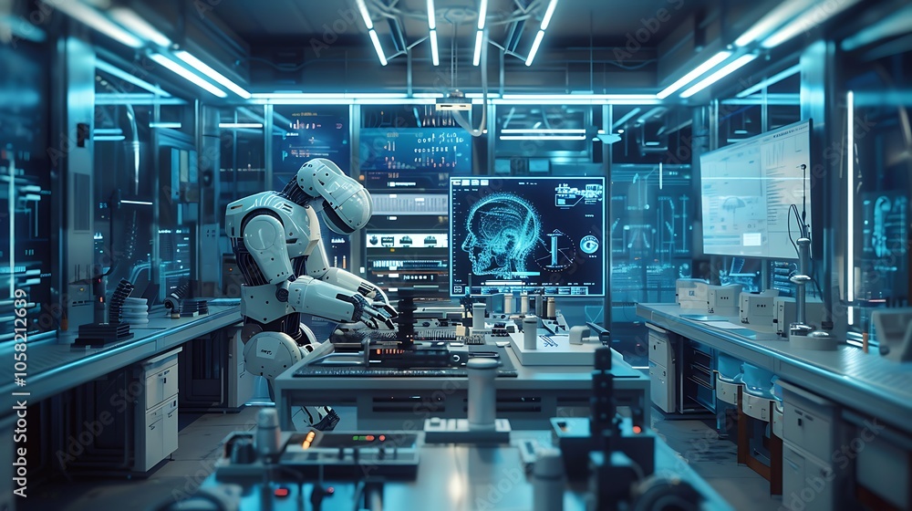 Poster a futuristic robotic laboratory featuring a humanoid robot interacting with advanced technology and 