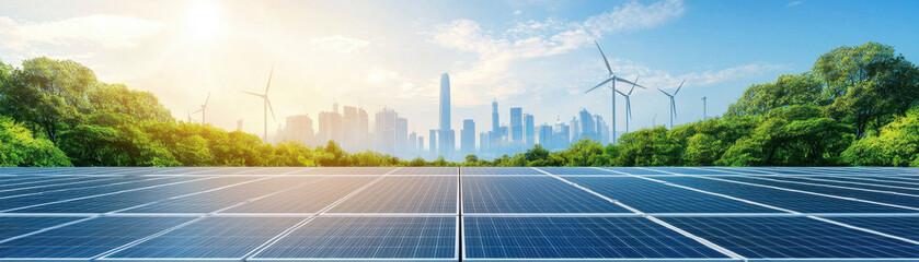 panoramic view of futuristic eco city featuring solar panels, wind turbines, and vibrant skyline. scene captures harmony between nature and technology, showcasing sustainable energy solutions