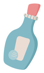 Sticker bottle for cosmetic lotion in flat cartoon graphic style. Bright blue bottle with a pink cap, featuring a simple design. Concept of beauty and skincare, suitable for product packaging in