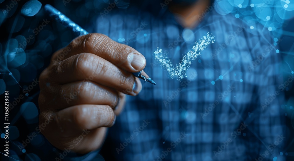 Poster businessman checking items on virtual checklist for project approval and quality control, business p