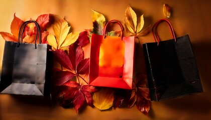 Festive Black Friday setup featuring colorful shopping bags surrounded by vibrant autumn leaves. Generative AI