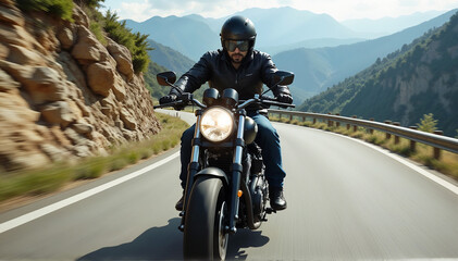 Fototapeta premium Professional Motorcyclist Navigating Winding Mountain Road Through Scenic Landscape