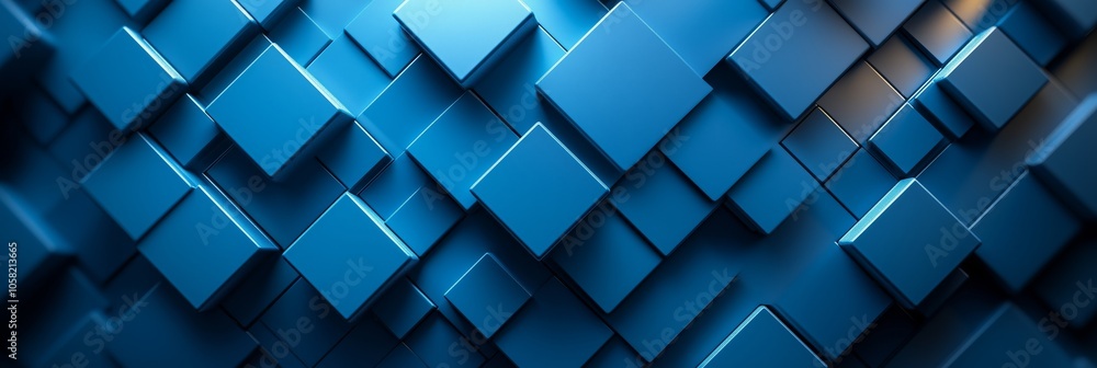 Poster abstract background with blue cubes and glass blocks on a dark gradient