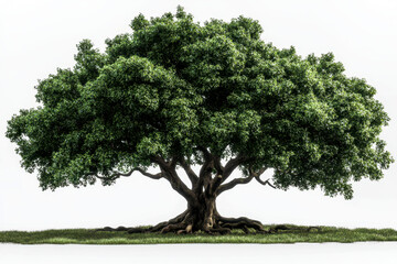 Obraz premium Lush, green tree isolated on white background with thick foliage and a long, curved trunk.