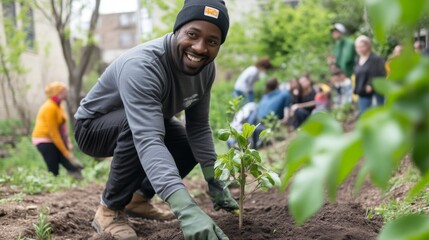 Man Planting a Tree in a Community Garden